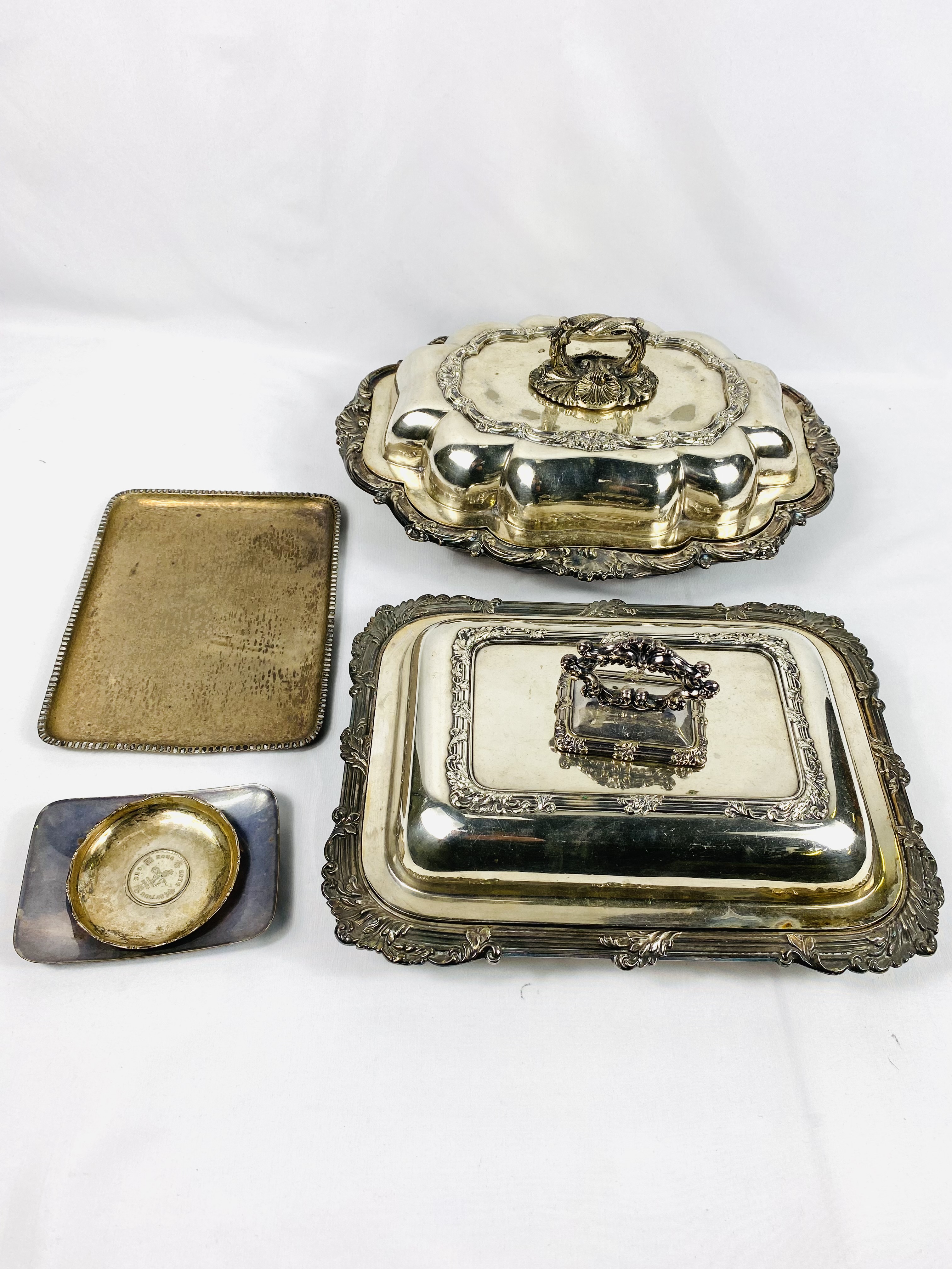 Two silver plate entree dishes and other items