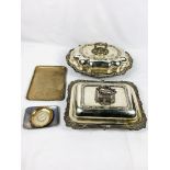 Two silver plate entree dishes and other items