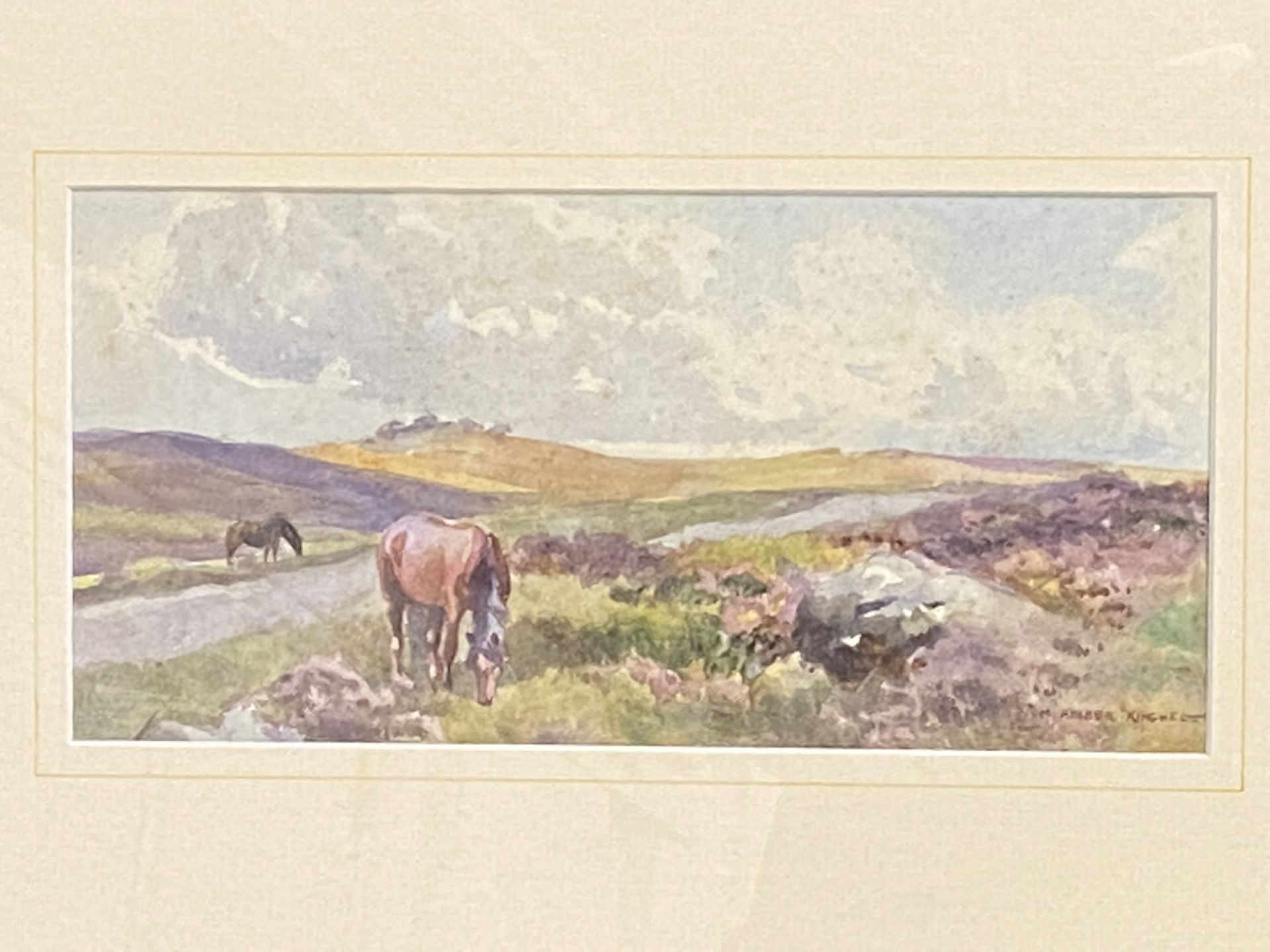 Framed and glazed watercolour of Dartmoor ponies - Image 4 of 4