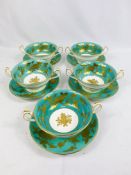 Five Minton two handled soup bowls and saucers