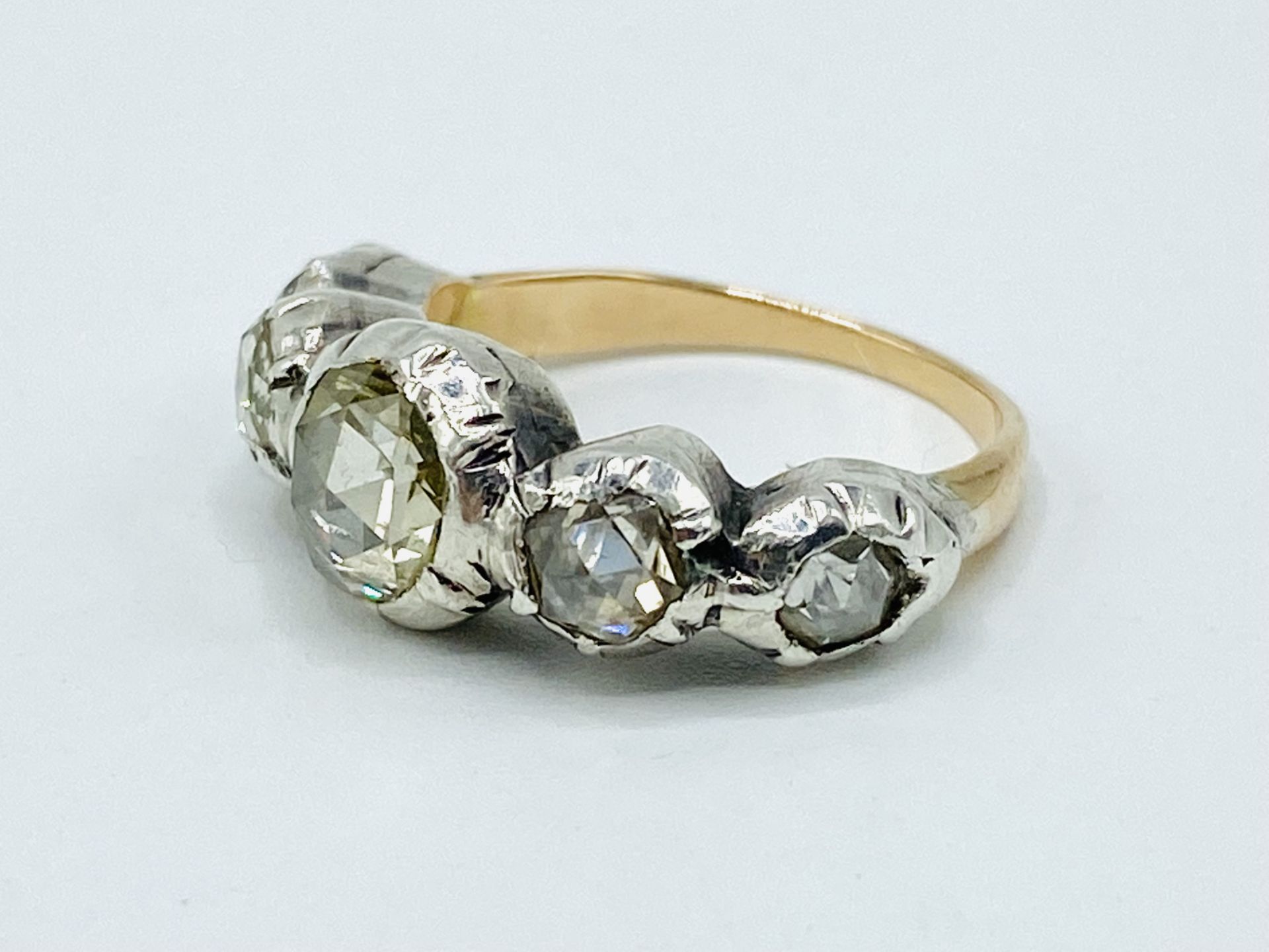 Yellow and white metal ring set with five rose cut diamonds - Image 2 of 4