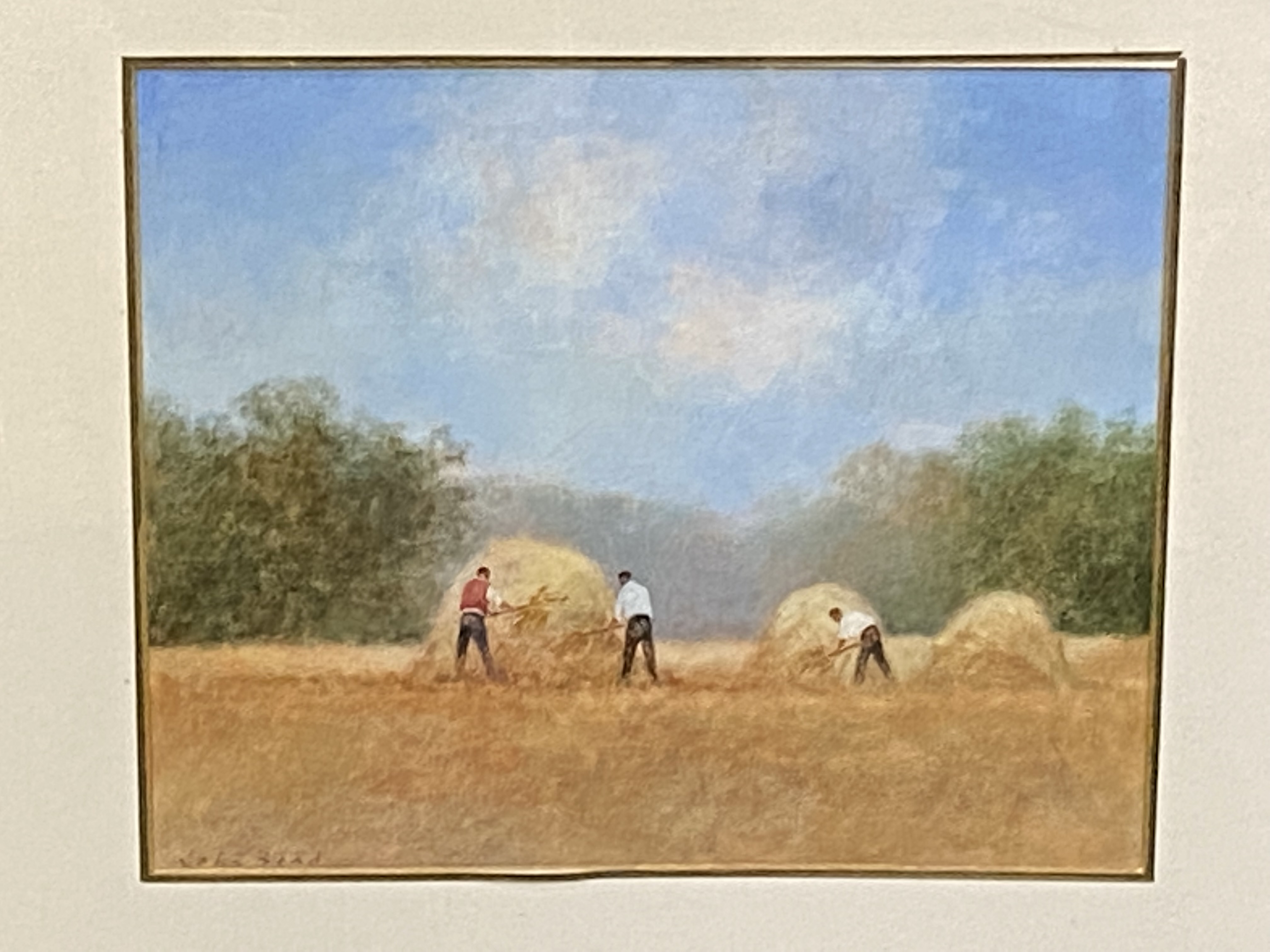 Framed and glazed watercolour of three men making haystacks - Image 3 of 4