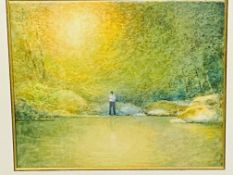 Framed and glazed watercolour of a man fishing