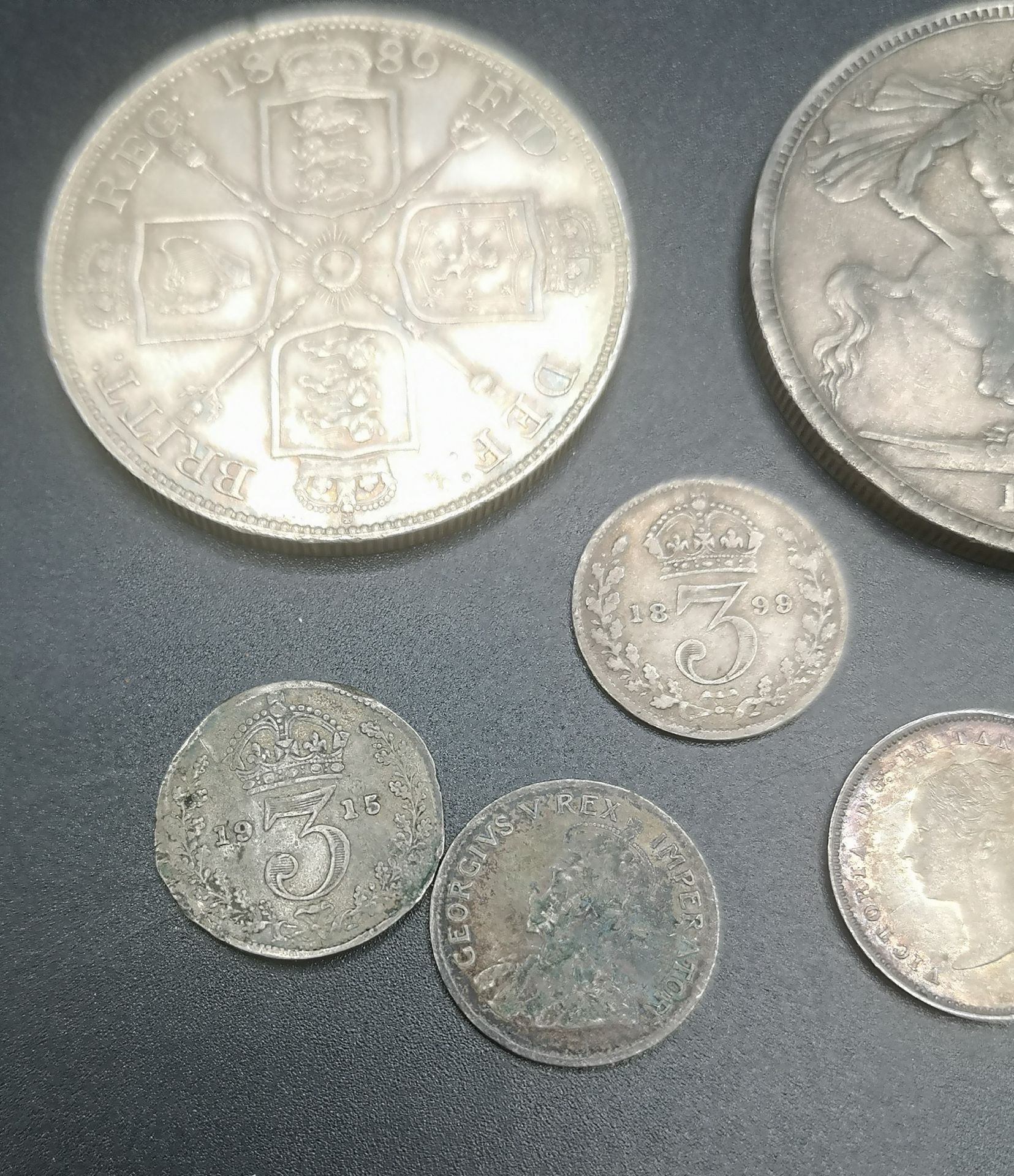Queen Victoria crown 1890, double florin 1889, and 4 other silver coins - Image 5 of 8