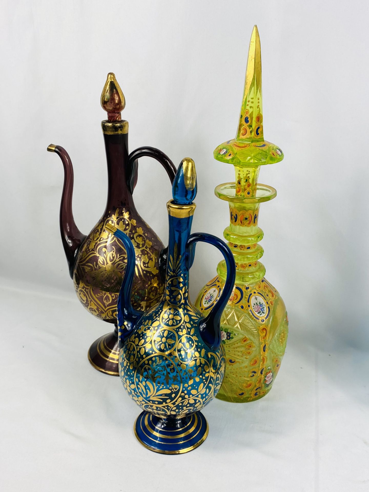 Three Persian rode water bottles together with a yellow glass decanter - Image 4 of 4
