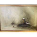 Framed oil on canvas of a windmill