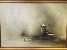 Framed oil on canvas of a windmill