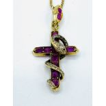 14 gold, pink sapphire and diamond pendant and chain
