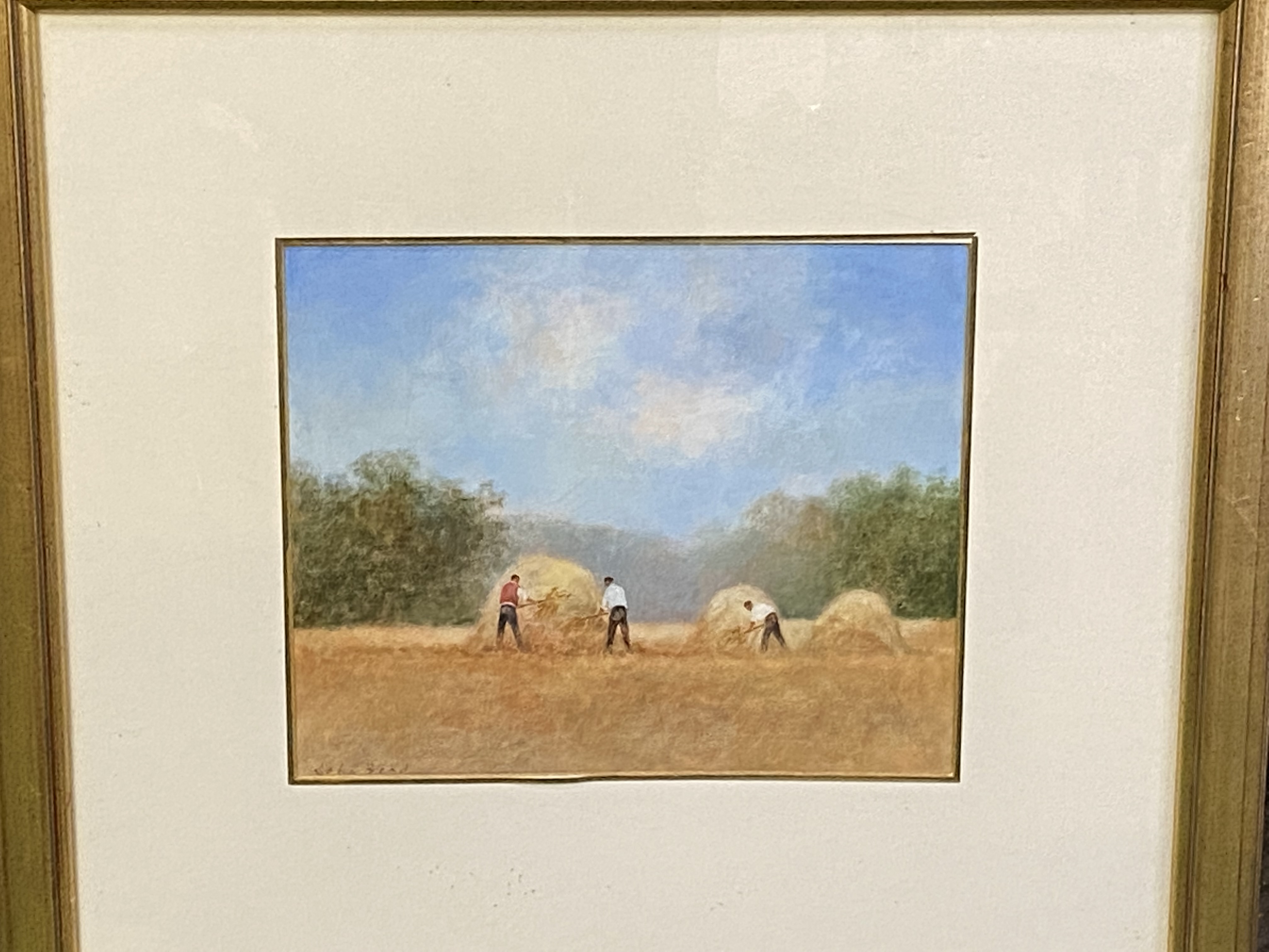 Framed and glazed watercolour of three men making haystacks - Image 2 of 4