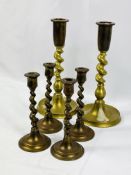 Three pairs of brass barley twist candlesticks