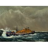 Framed oil on canvas of a lifeboat on a stormy sea