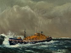 Framed oil on canvas of a lifeboat on a stormy sea