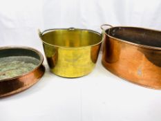 Two copper pans together with a brass jam pan