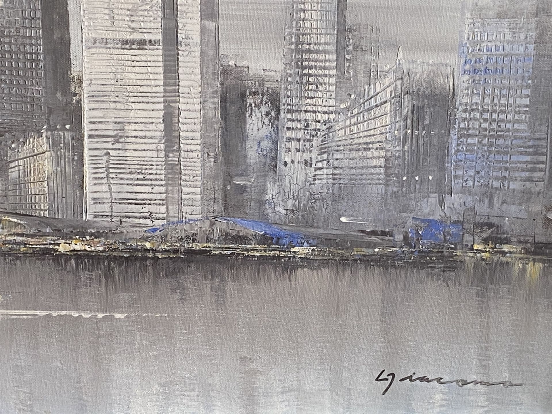 Framed oil on canvas of Brooklyn Bridge and the Twin Towers - Image 3 of 5