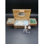 Inlaid wooden jewellery box containing costume jewellery