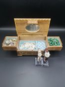 Inlaid wooden jewellery box containing costume jewellery