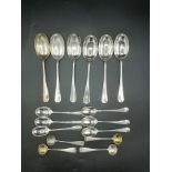 Six silver dessert spoons, six silver tea spoons and other items of silver