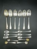 Six silver dessert spoons, six silver tea spoons and other items of silver