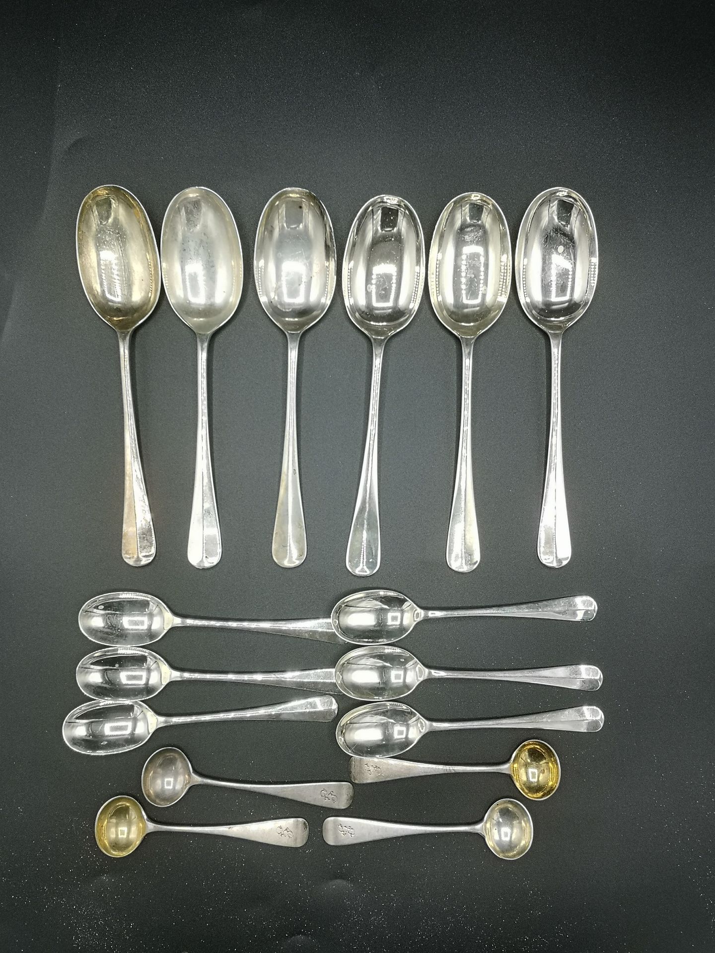 Six silver dessert spoons, six silver tea spoons and other items of silver