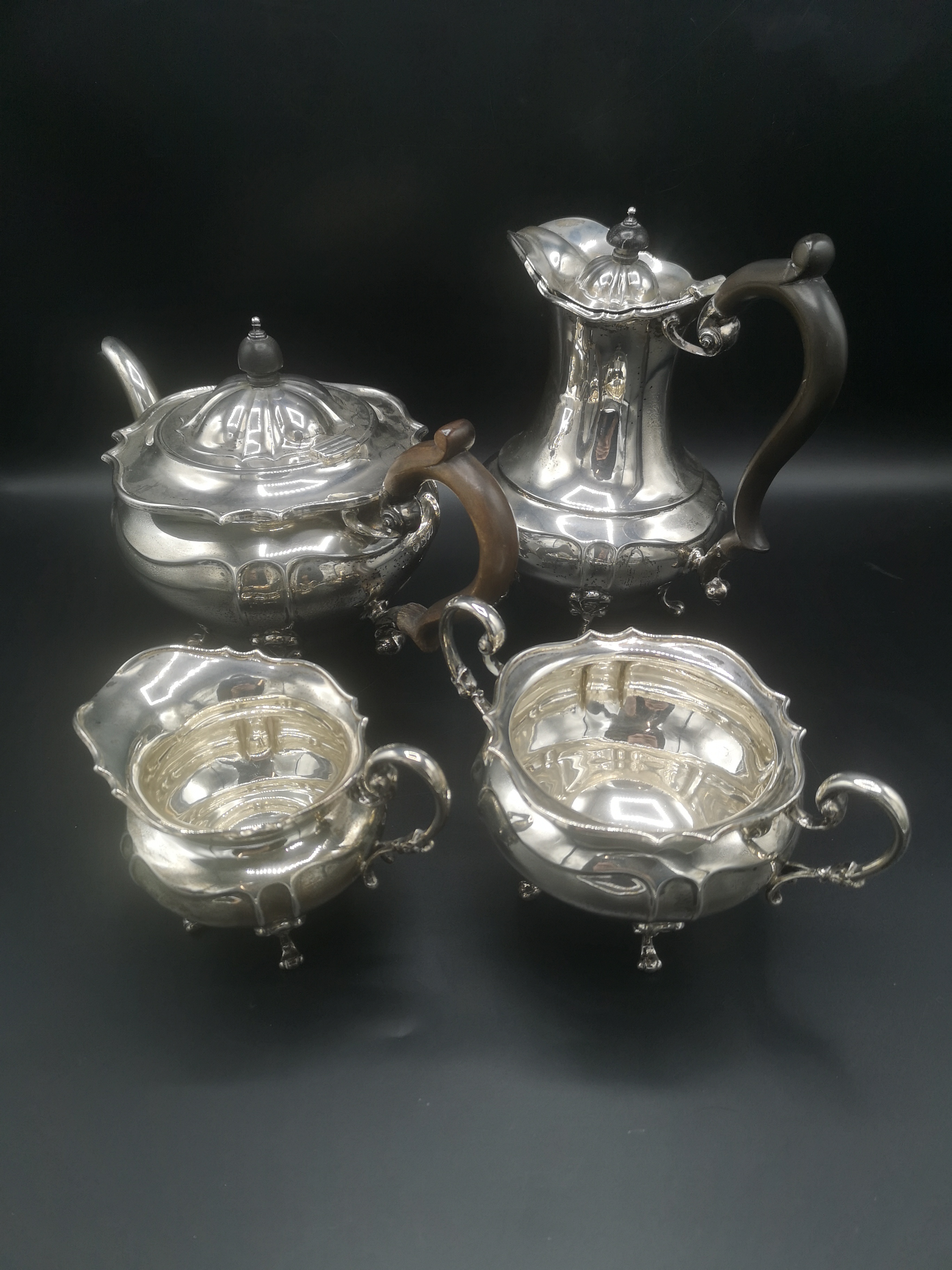 Goldsmith and Silversmiths silver tea set with matching coffee pot