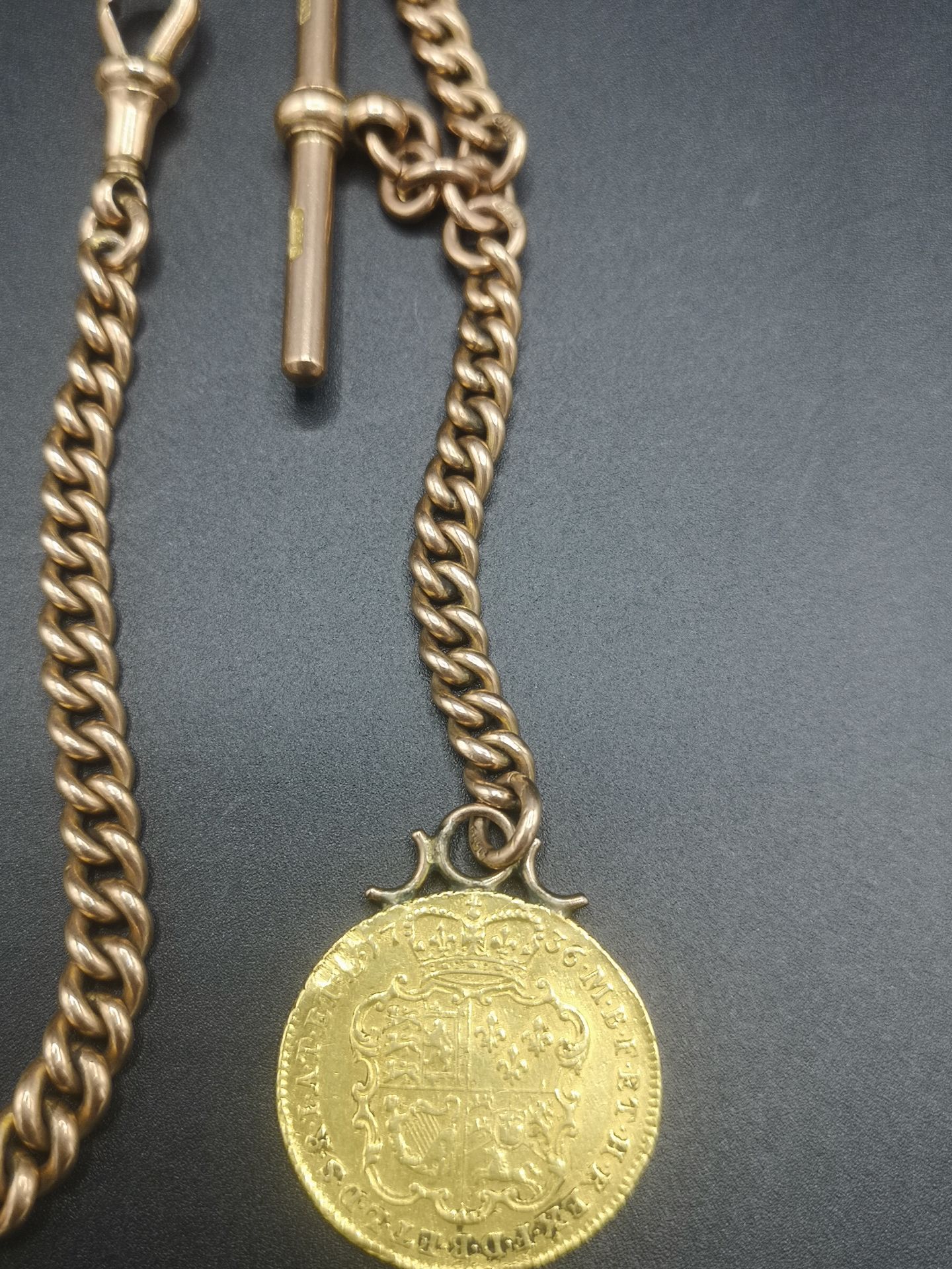 9ct gold fob chain with mounted George II guinea, 1736 - Image 4 of 5