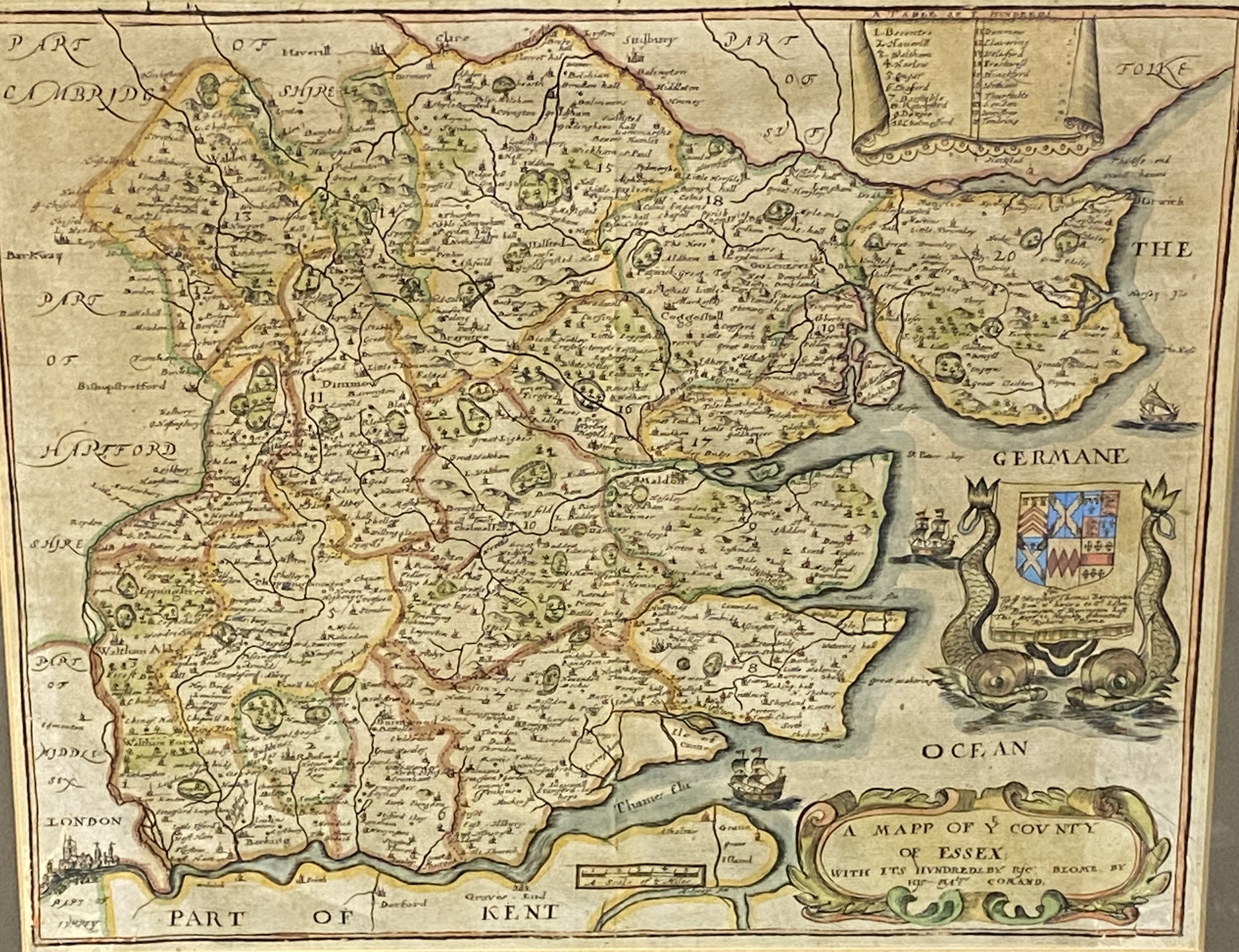 Framed and glazed map of Essex, published 1673