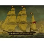 Framed reverse painting of a sailing ship