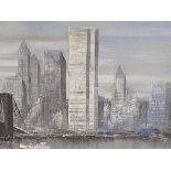 Framed oil on canvas of Brooklyn Bridge and the Twin Towers
