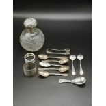 Five silver tea spoons together with other items of silver