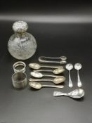 Five silver tea spoons together with other items of silver