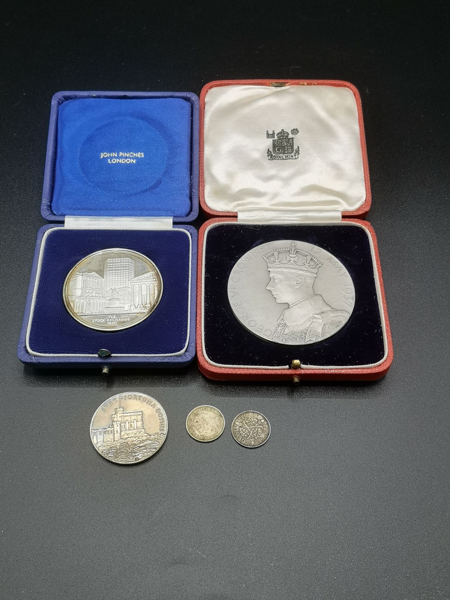 A Brokers' Medal, two other medals and coins