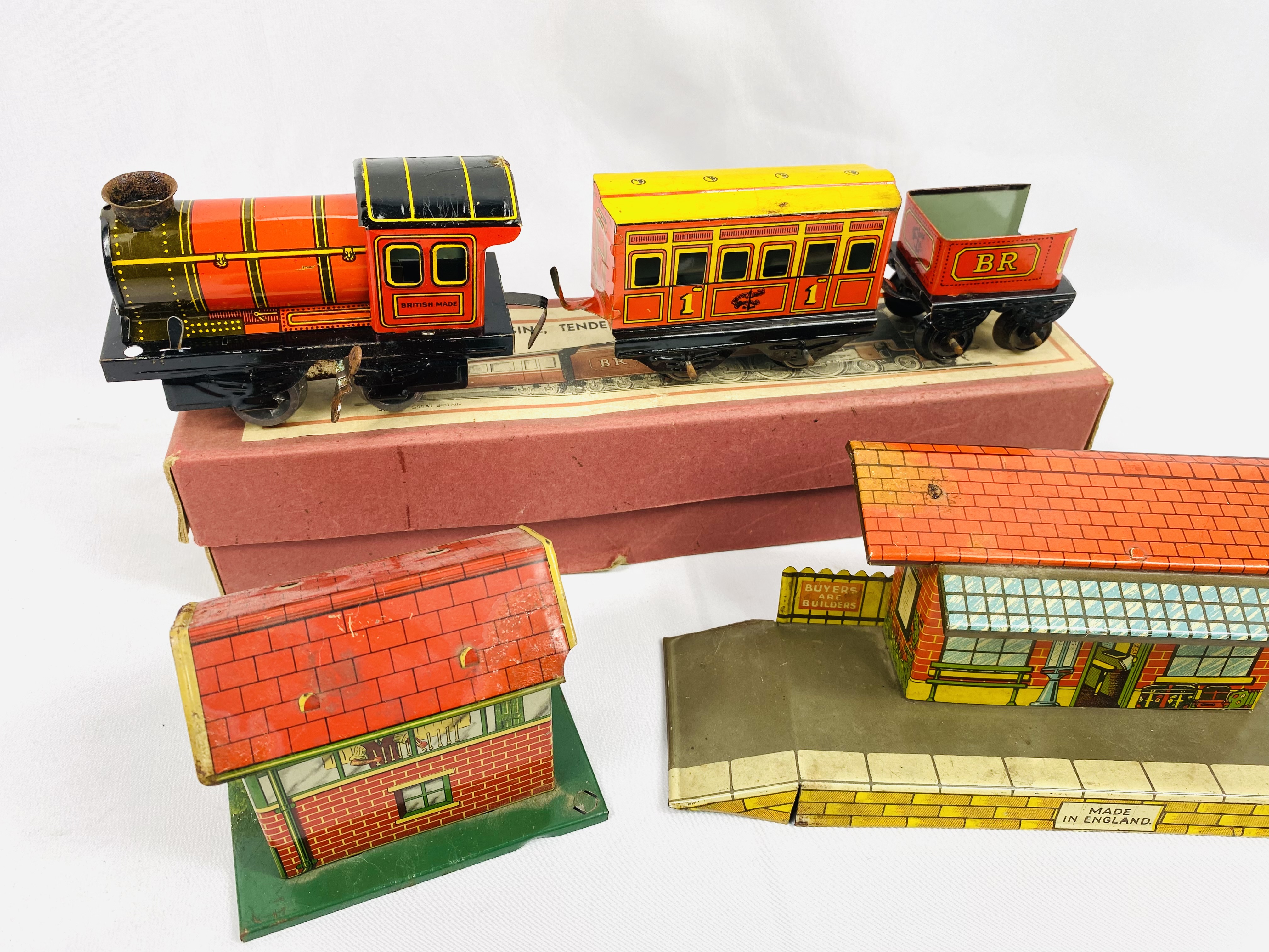 Boxed tinplate O gauge engine, tender and coach - Image 2 of 3