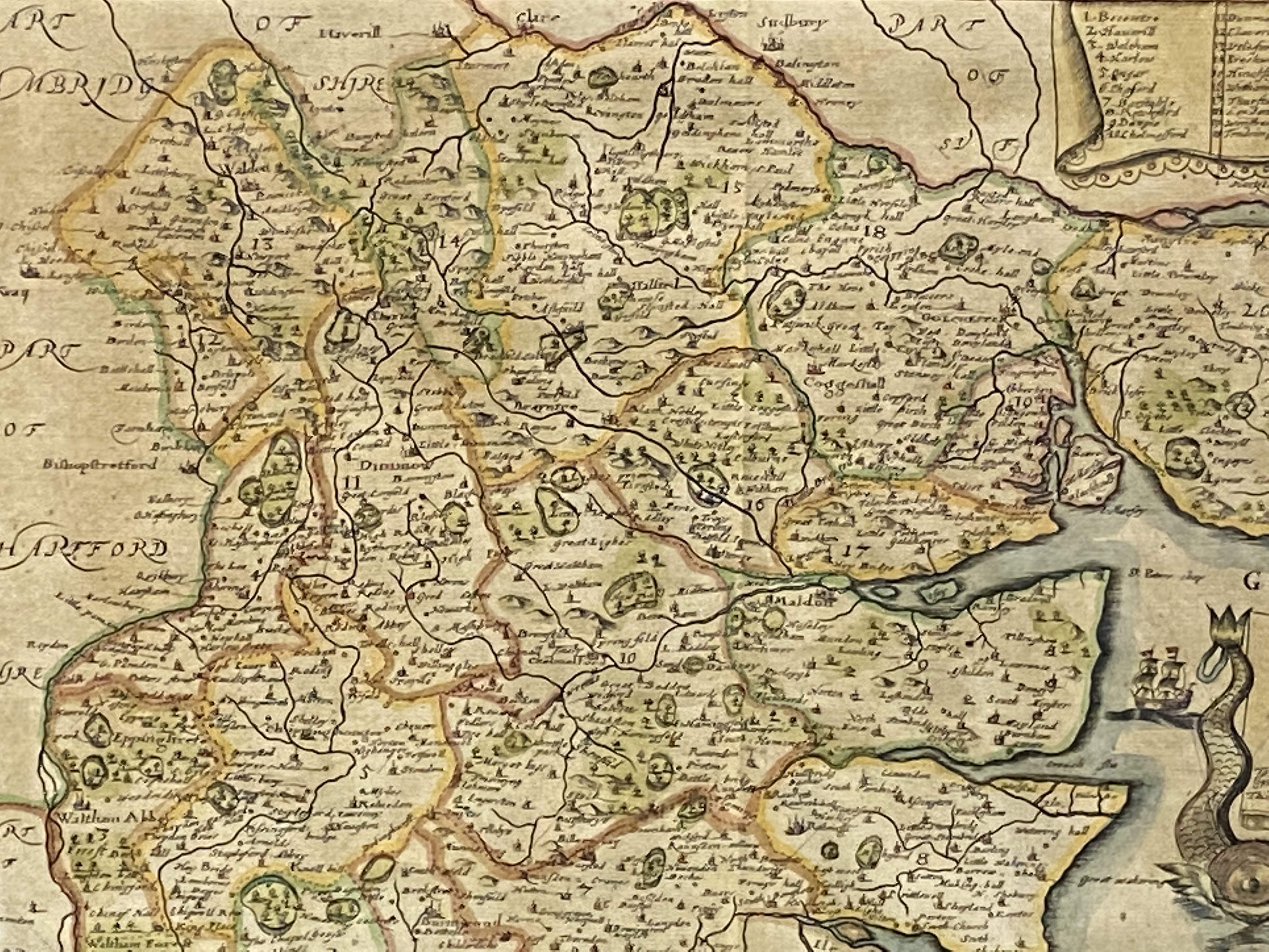 Framed and glazed map of Essex, published 1673 - Image 5 of 5