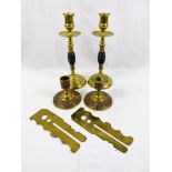 Pair of brass candlesticks and other items