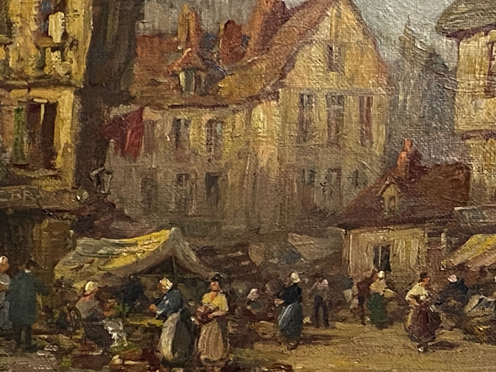 Framed oil on canvas of a market scene - Image 3 of 4