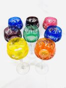 Eight bohemian cut glass hock glasses