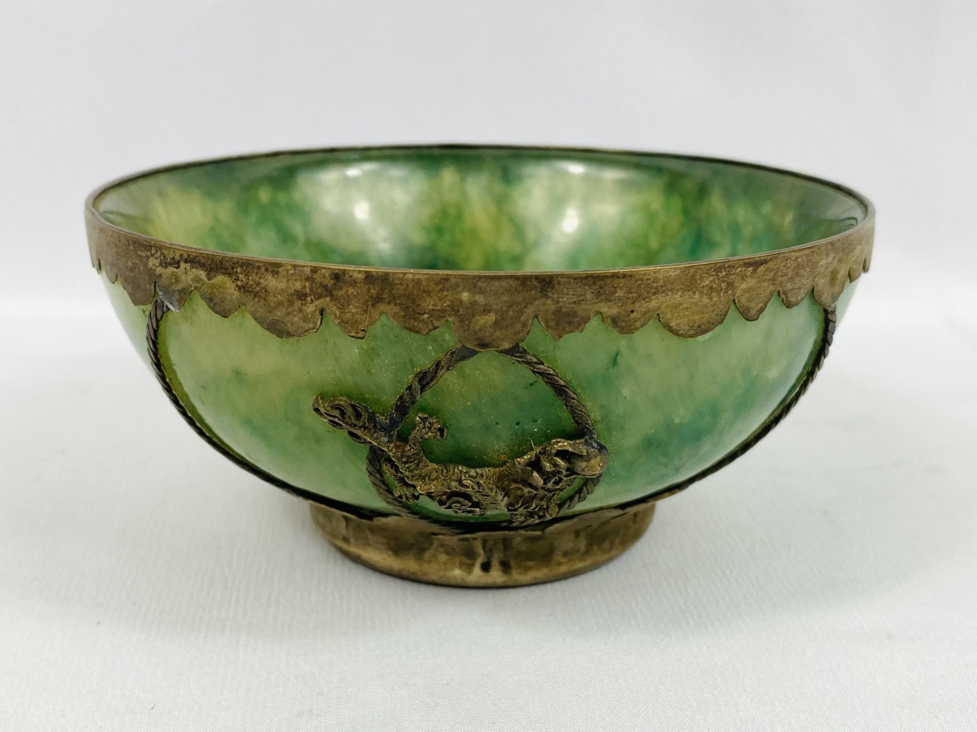 Oriental stone bowl with white metal mounts - Image 3 of 4