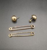 Pair of 9ct gold earrings together with a 9ct gold safety pin