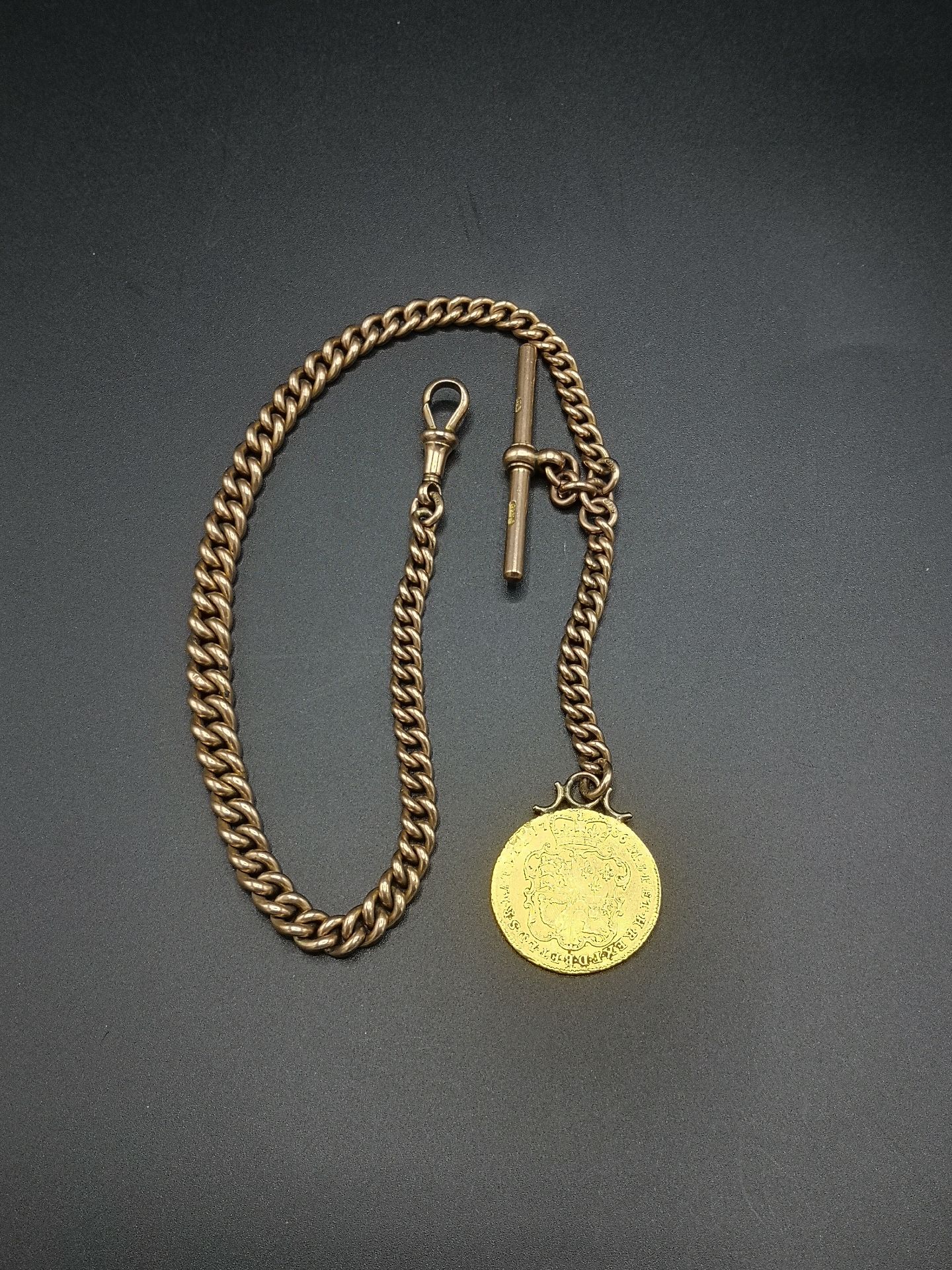 9ct gold fob chain with mounted George II guinea, 1736 - Image 3 of 5