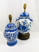 Two blue and white table lamps