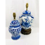 Two blue and white table lamps