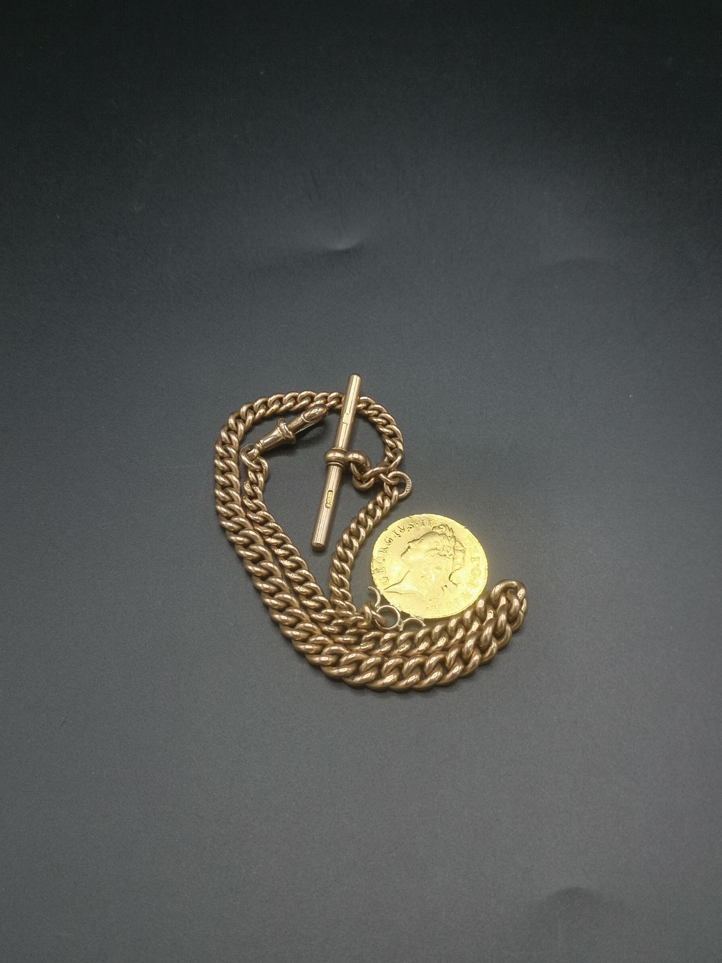 9ct gold fob chain with mounted George II guinea, 1736 - Image 2 of 5