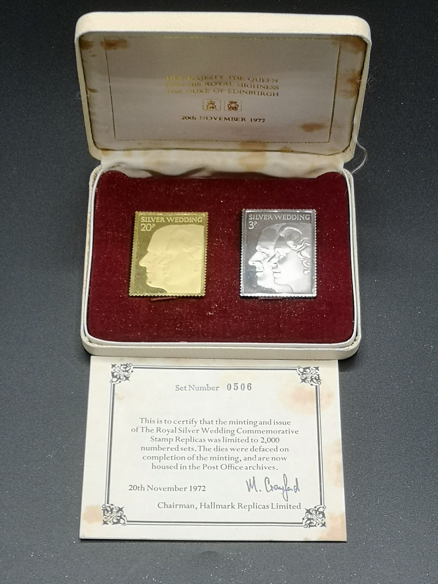 22ct gold and silver Royal Silver Wedding stamp replicas