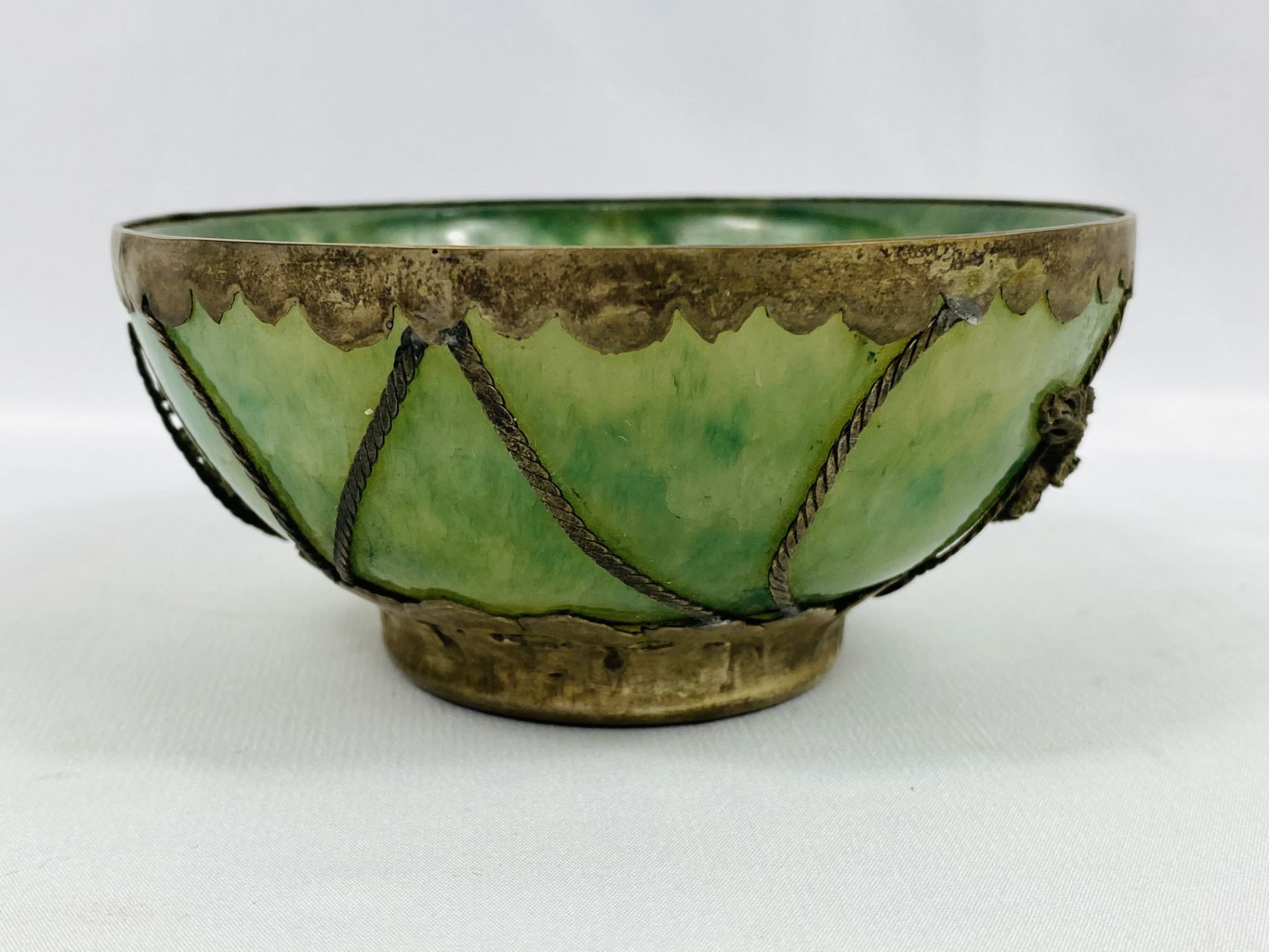 Oriental stone bowl with white metal mounts - Image 2 of 4