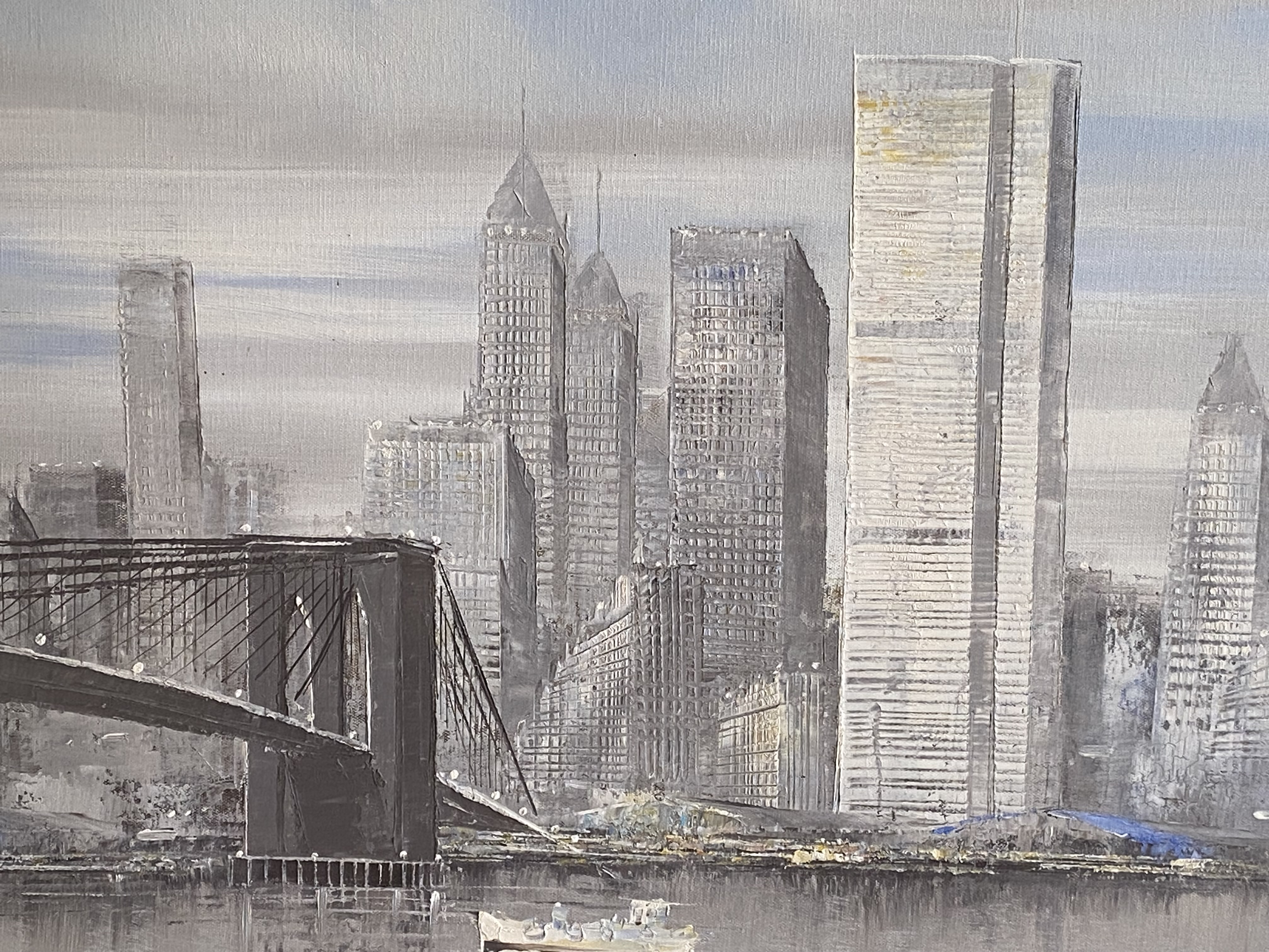 Framed oil on canvas of Brooklyn Bridge and the Twin Towers - Image 4 of 5