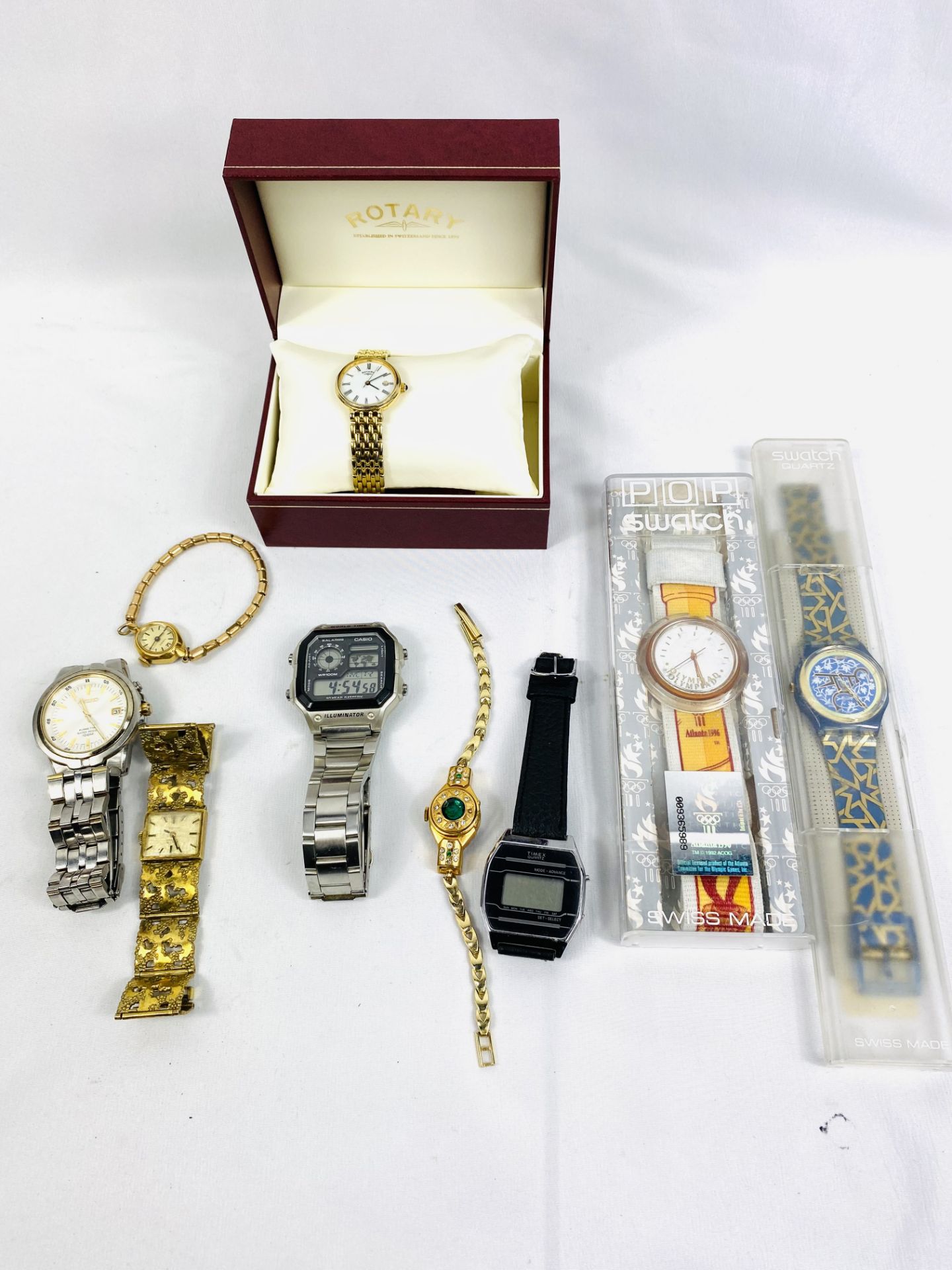 Collection of watches to include Casio, Swatch, Seiko and Rotary.