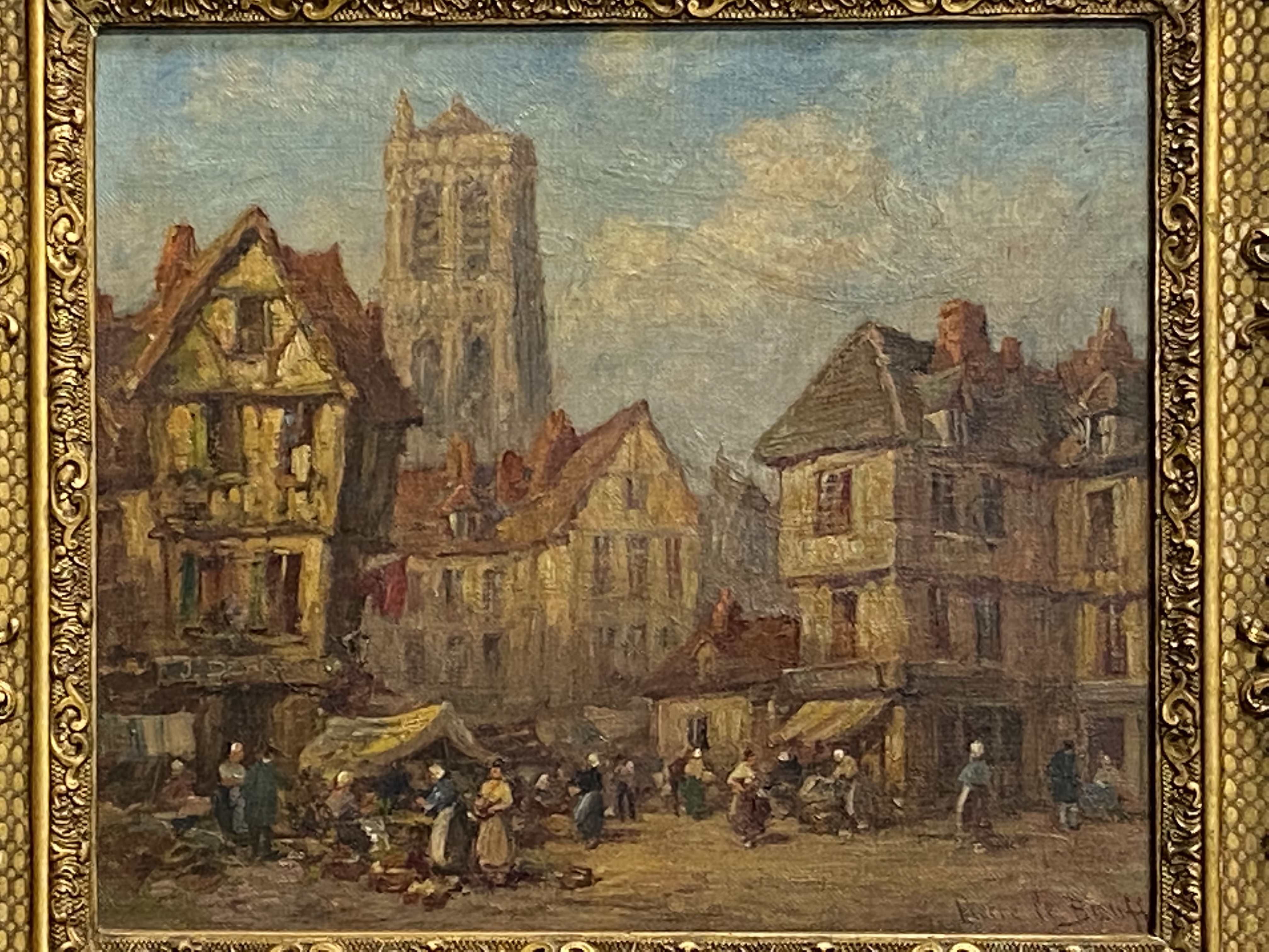 Framed oil on canvas of a market scene