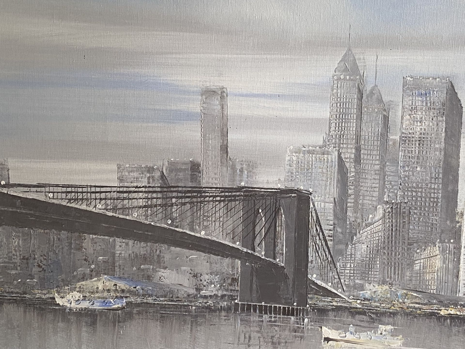 Framed oil on canvas of Brooklyn Bridge and the Twin Towers - Image 5 of 5