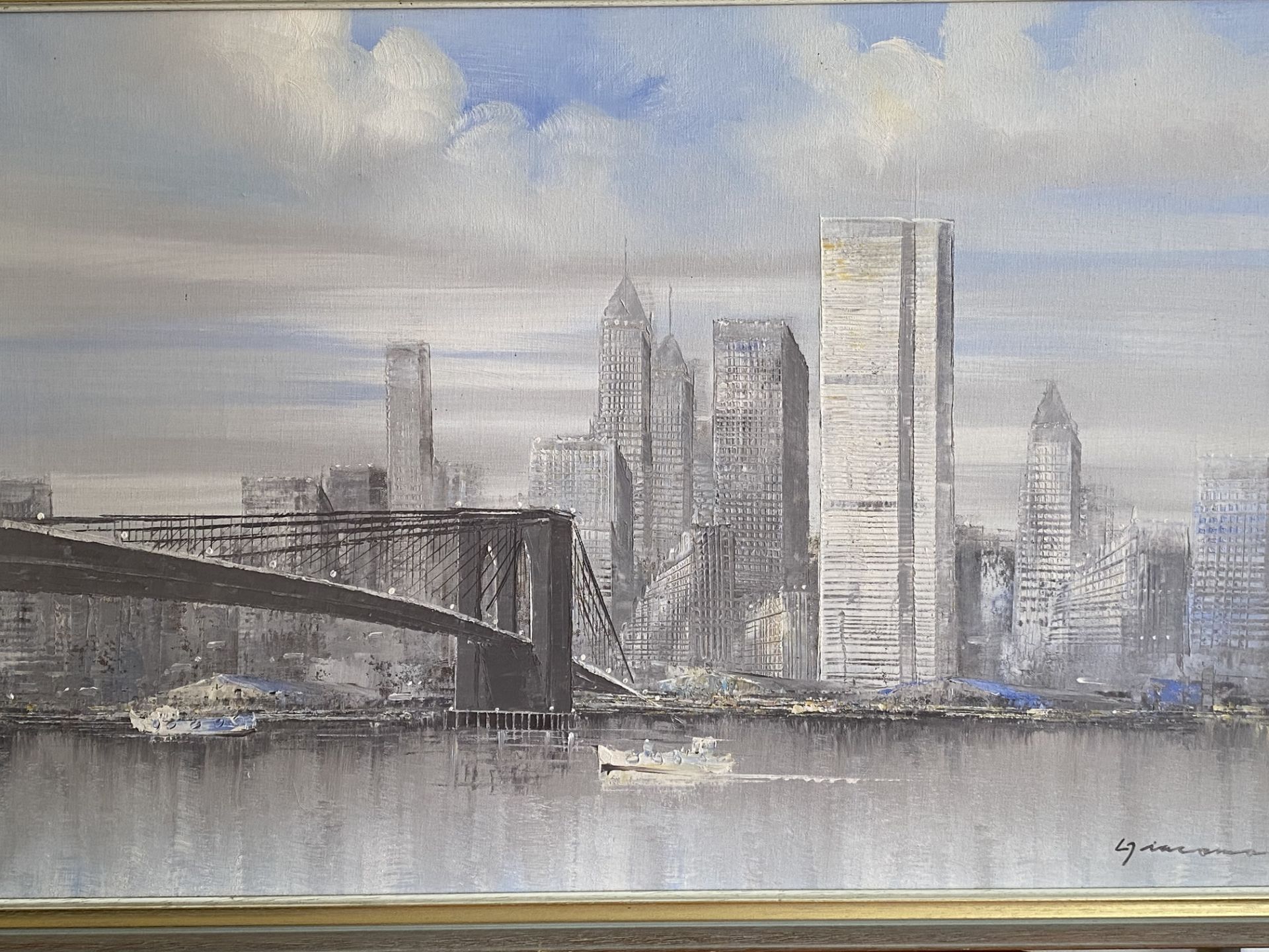 Framed oil on canvas of Brooklyn Bridge and the Twin Towers - Image 2 of 5