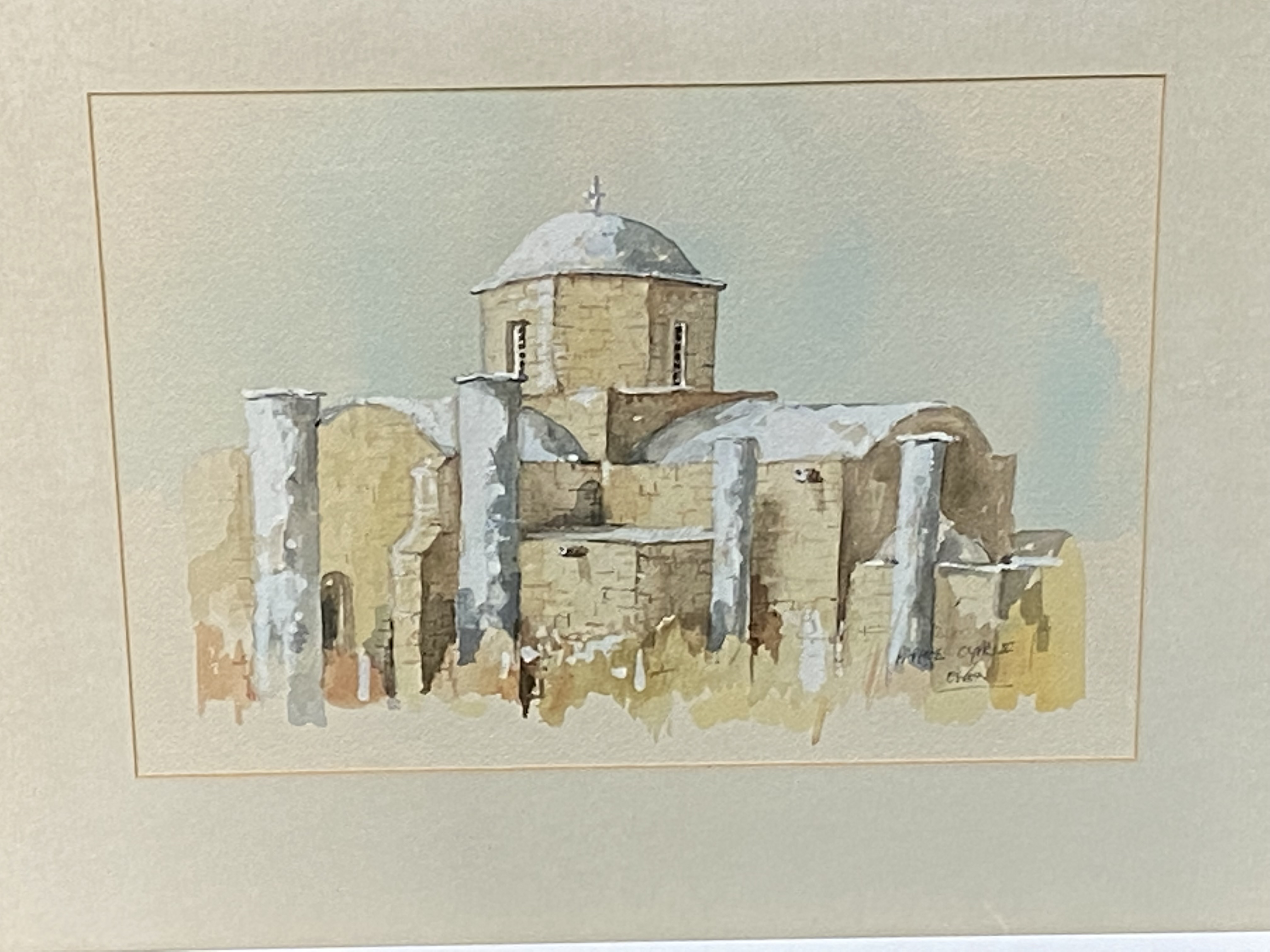 Framed and glazed watercolour of a Mediterranean church - Image 3 of 4